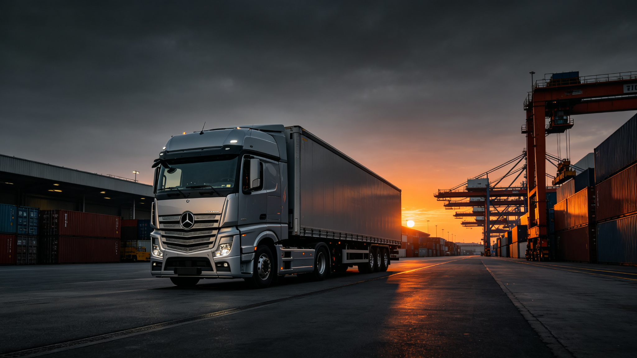Heavy-duty truck at logistics port at dusk